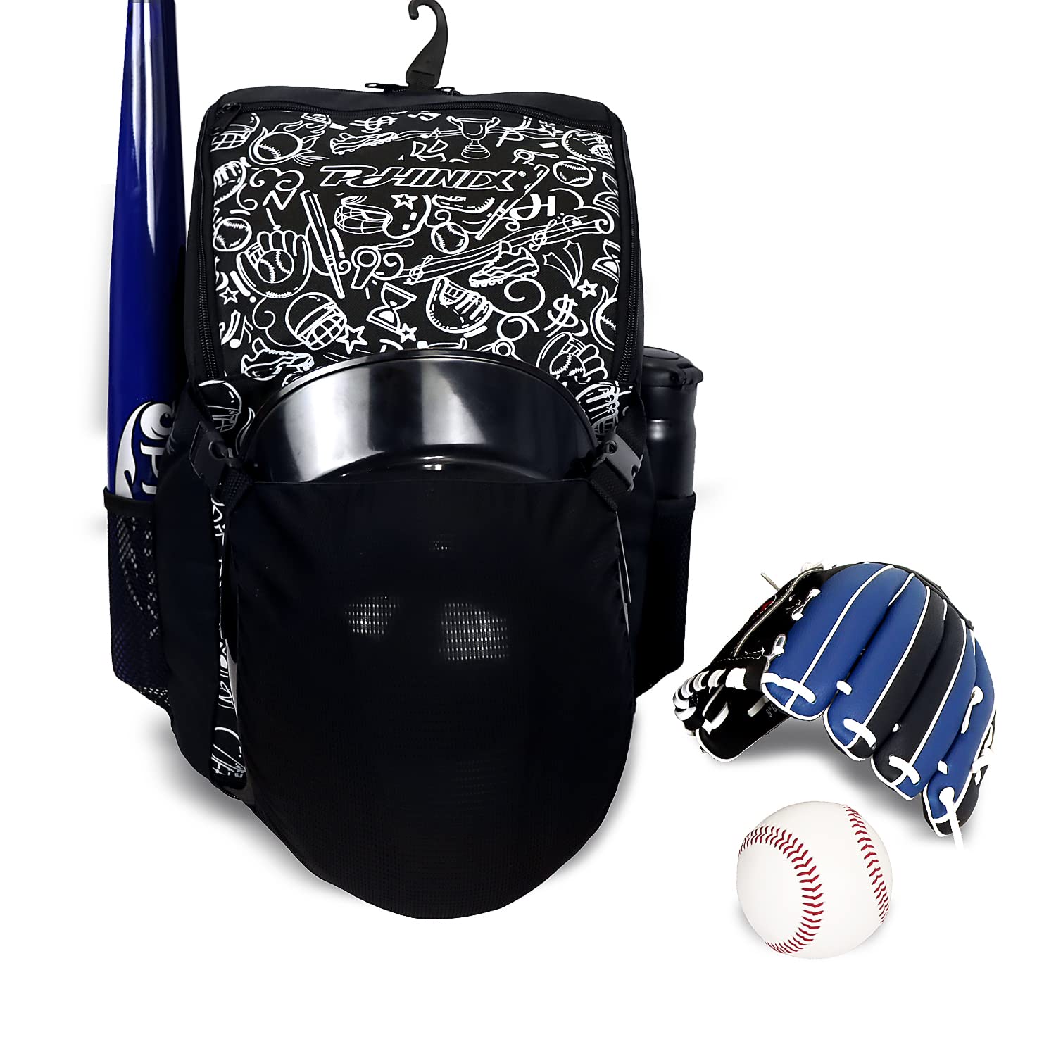 PHINIX Sac à dos de baseball, de T-ball ou de softball avec crochet de clôture pour enfants (noir)