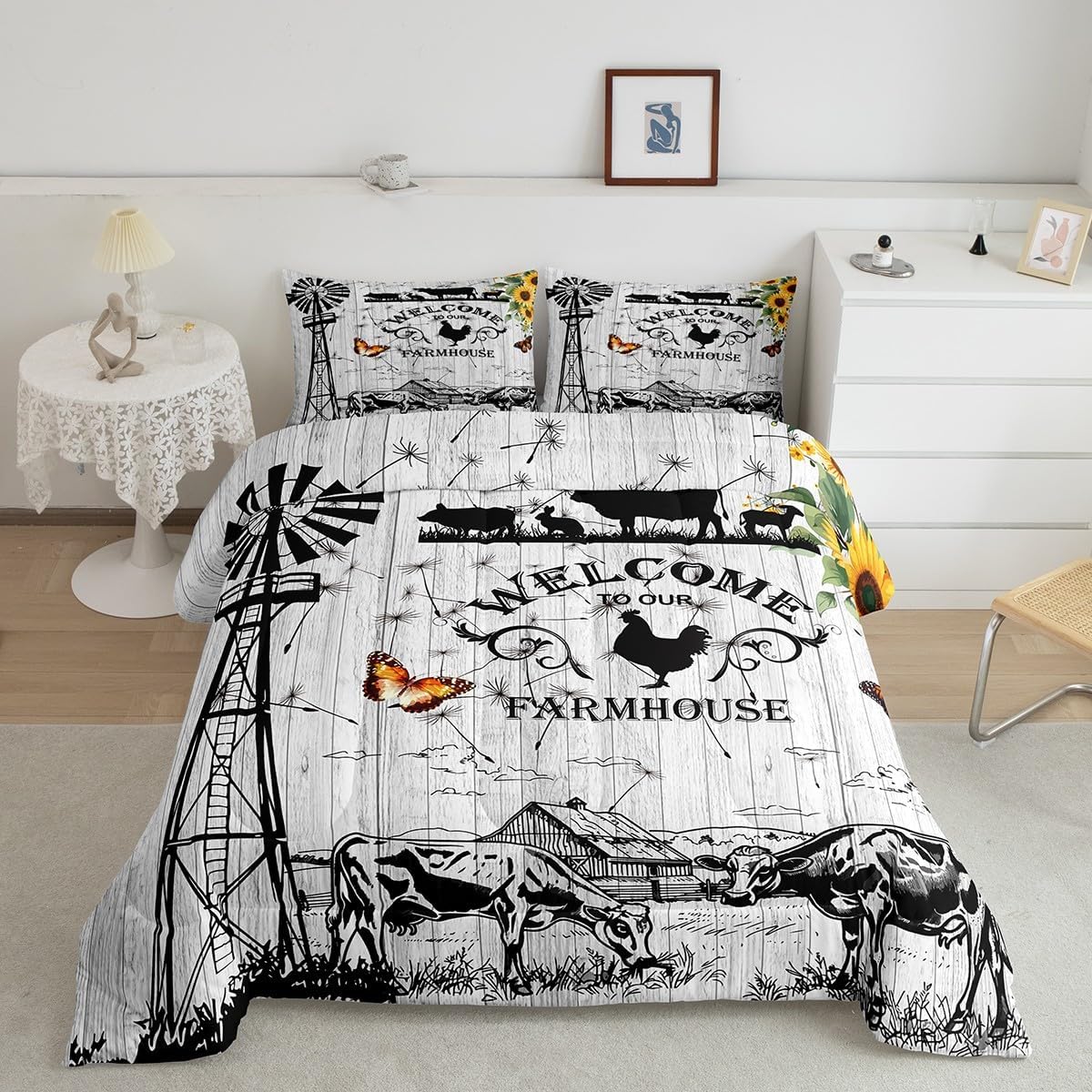 Erosebridal Windmill Bedding King Size, Rustic Farmhouse Comforter Set Retro Vintage Windmill Bedding Comforter Sets, Wooden Planks Barn Door Down Comforter with 2 Pillowcases for All Season