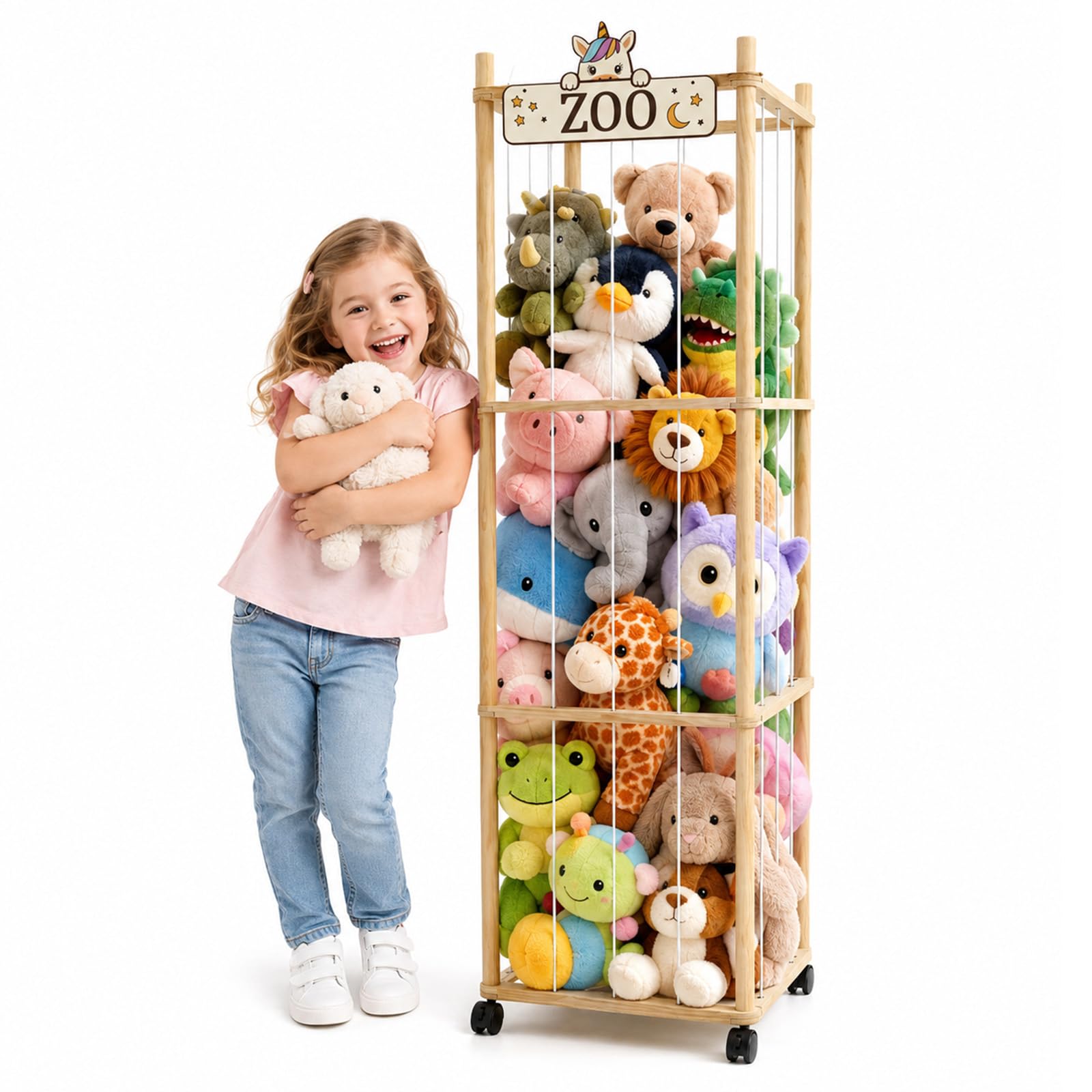 Porta Peluche, Contenitore per Animali di Peluche in Legno a 3 Piani con Rete e Ruote 360° Freno, Supporto per Animali Ripieni con Rete, 136x41x41 cm, per le Camere dei Bambini, i Soggiorni