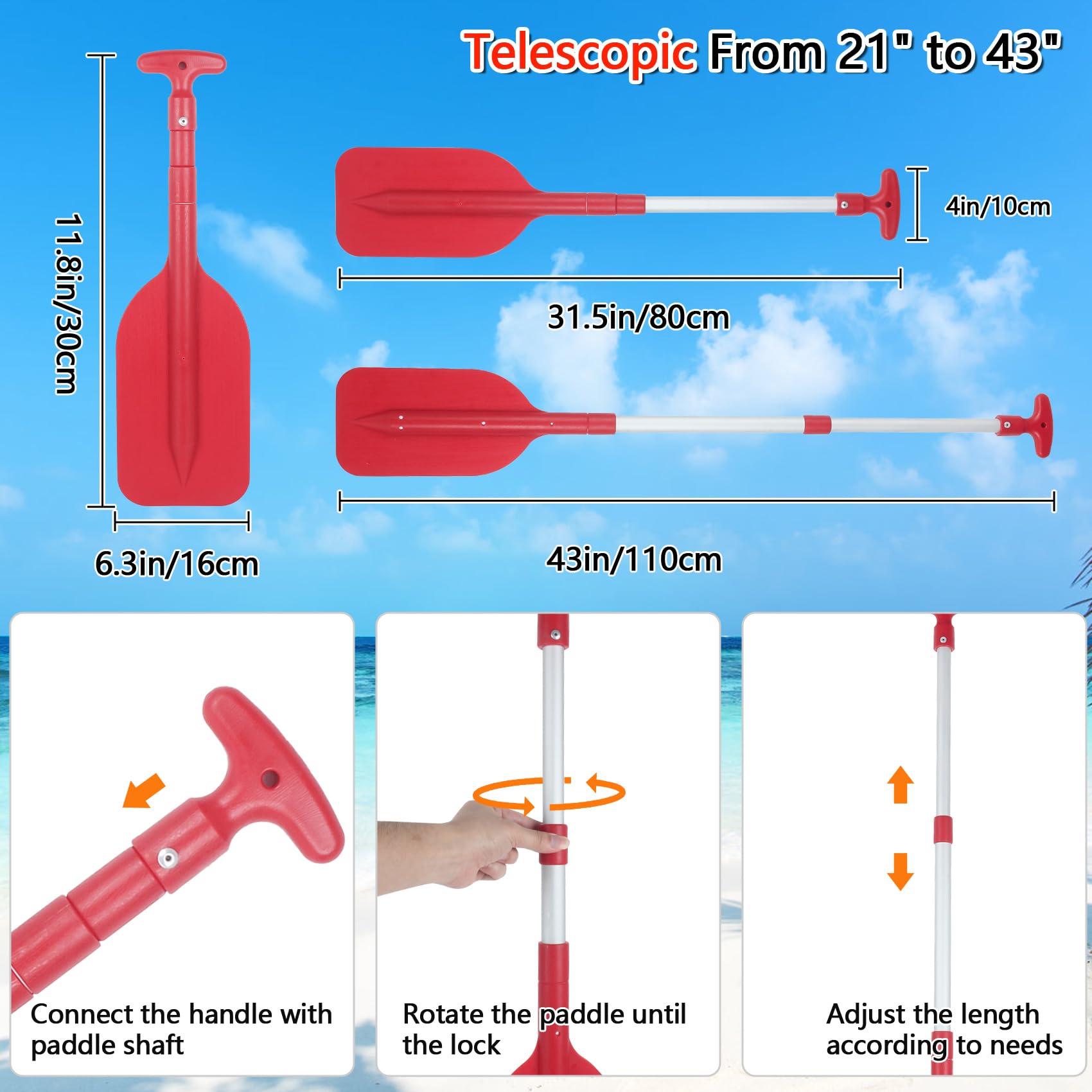 DEDU Lot de 2 pagaies télescopiques de bateau pliables de 53,3 à 109,2 cm réglables, manche en aluminium antidérapant pour enfants et adultes