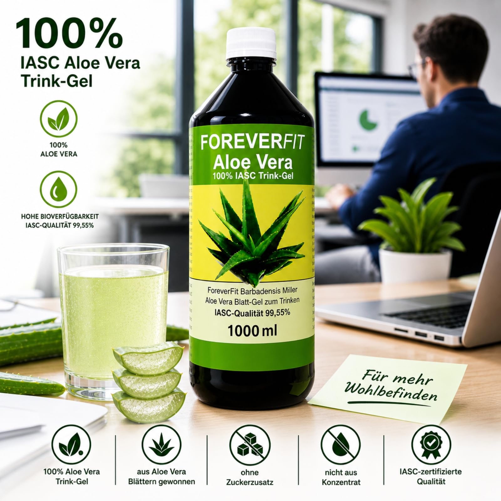 Aloe Vera Trinkgel 6 x 1000ml Barbadensis Miller Blattgel unverdünnt KEIN Saft KEIN Konzentrat OHNE künstliche Vitamine. Acemannan bis 1200mg/Liter. 30242