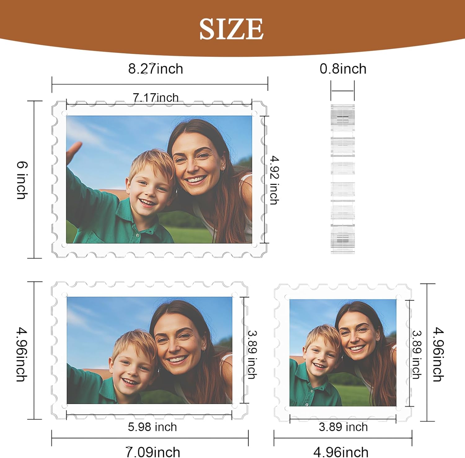 LUGUNU 3 Pack Magnetic Scalloped Acrylic Picture Frames, 5x7 4x6 4x4 Inch Double Sided Photo Frame Set, 20mm Thick Clear Block Freestanding Display for Desk Shelf Home Office, UV Protection Gift