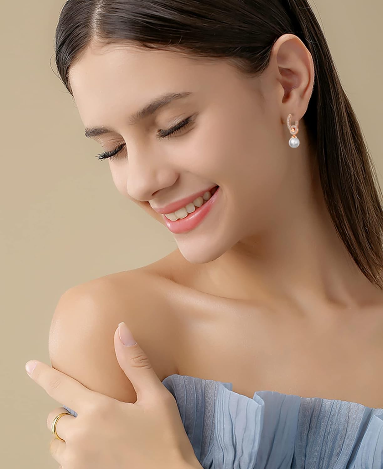 VONSSY Drop Dangle Pearl Earrings | Rose Gold Platinum Plated Silver Post Jewelry Gift for Mother Wife - Image 5