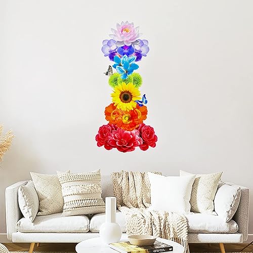 Calcomanías de pared florales de 7 chakras, diseño de margarita, rosa, loto, girasol, chakras, colores, flores, calcomanías de pared para despegar y