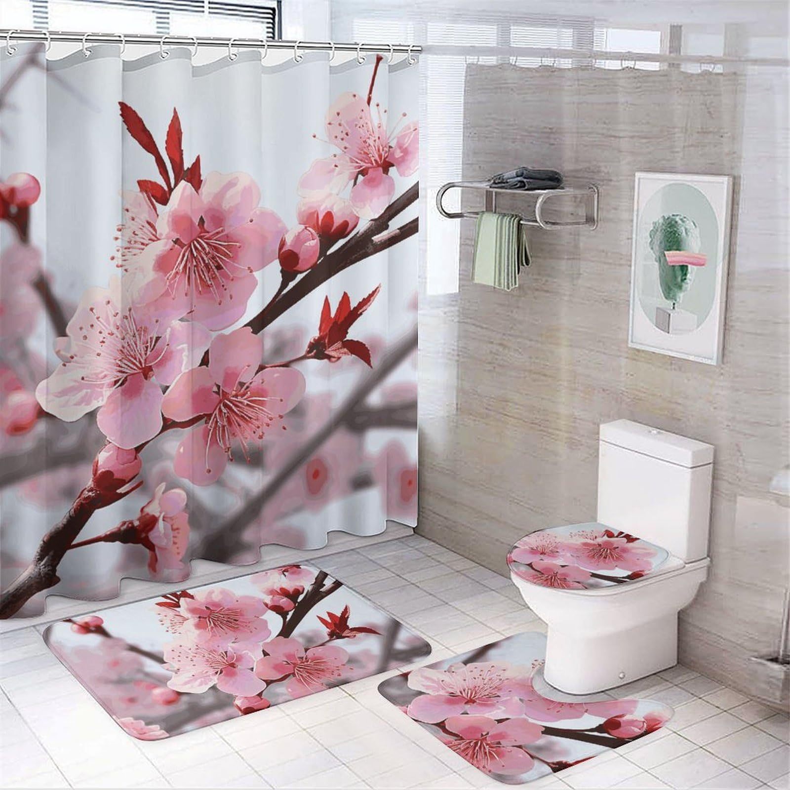 Rideau de douche anti-moisissure fleurs de prunier et tapis de bain haute adhérence