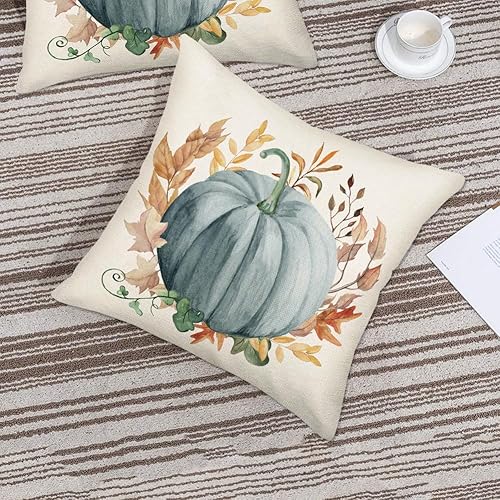 Miniatura 3 de Xihomeli Fundas de almohada de calabaza azul otoñal de 18 x 18 pulgadas, diseño de acuarela de calabaza y hojas de arce, fundas de almohada