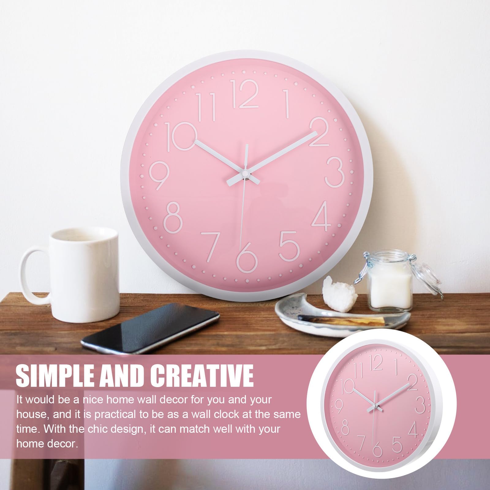 SOLUSTRE Reloj de Pared Silencioso Infantil Rosa, Decoración Moderna