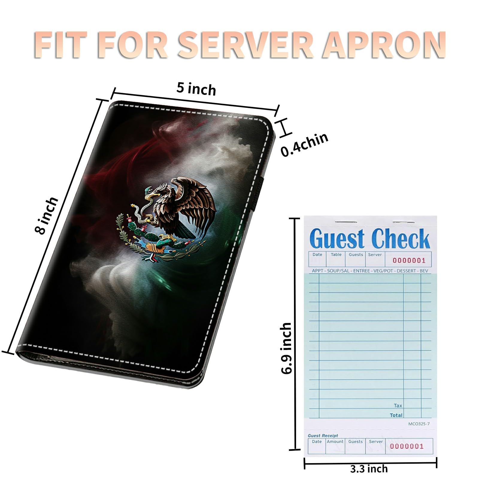 Server Books Plus 2 Pack Guest Checks Pads for Waitress Waiter, Mexico Flag Server Booklet Waitstaff Organizer with Zipper Pocket Guest Check Presenters Server Wallet Money Holder (5