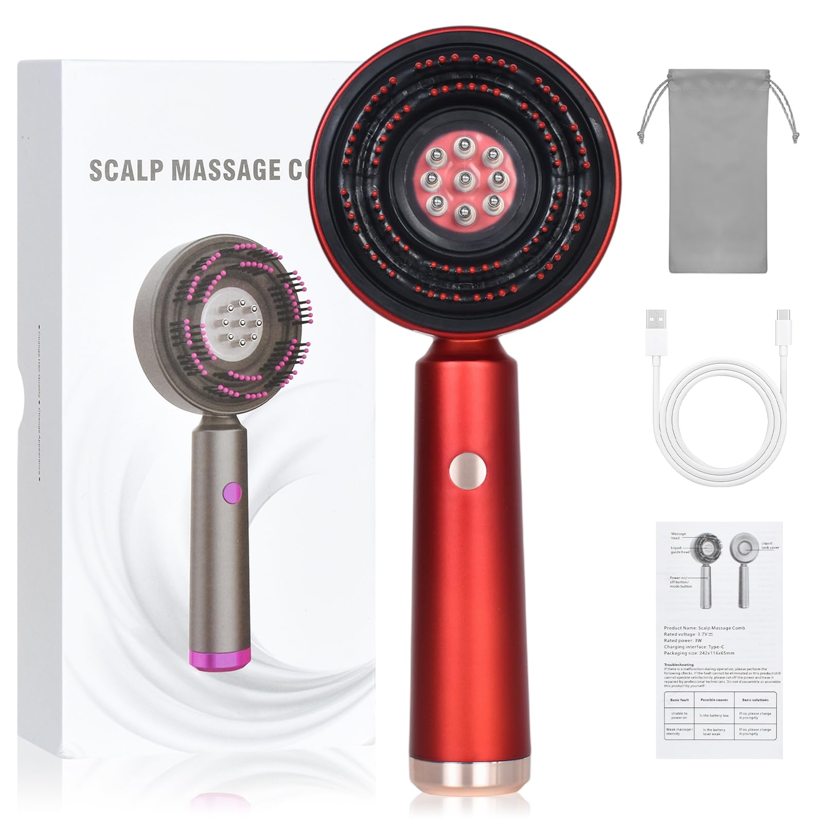 Colexy Cepillo de Masaje para Cuero Cabelludo, Cepillo Masajeador Eléctrico para Crecimiento de Cabello, Peine Masajeador Capilar con Luz Roja y Aplicador de Aceite para El Cabello, Resistente IPX7