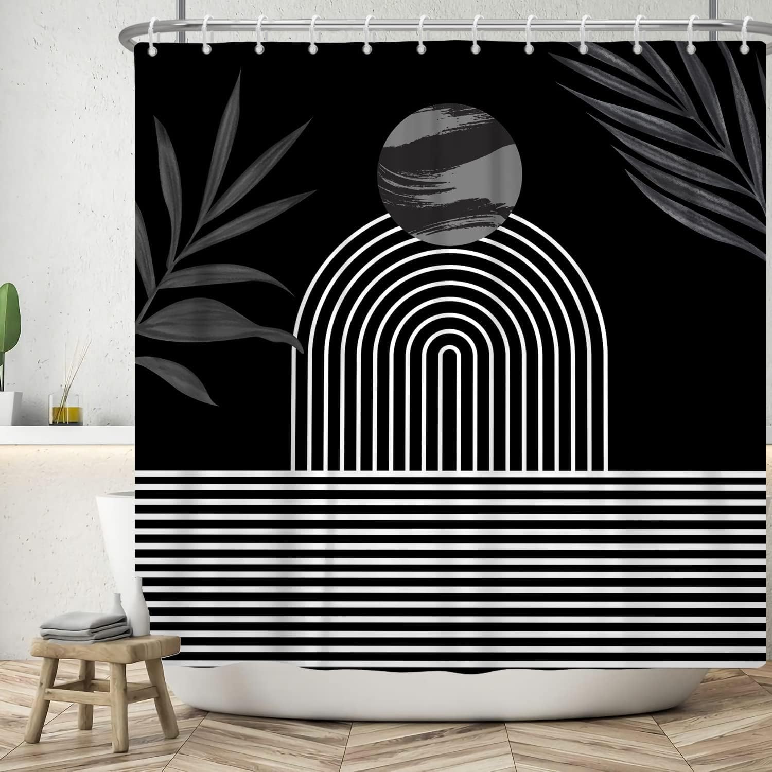 ASDCXZ Shower Curtain 240x180 cm Boho Style, Modern Abstract Art Lines Sun Leaves Black Bath Washable Shower Curtains Polyester Textile Waterproof Shower Curtain for Bathtub with 12 Hooks โ image 1
