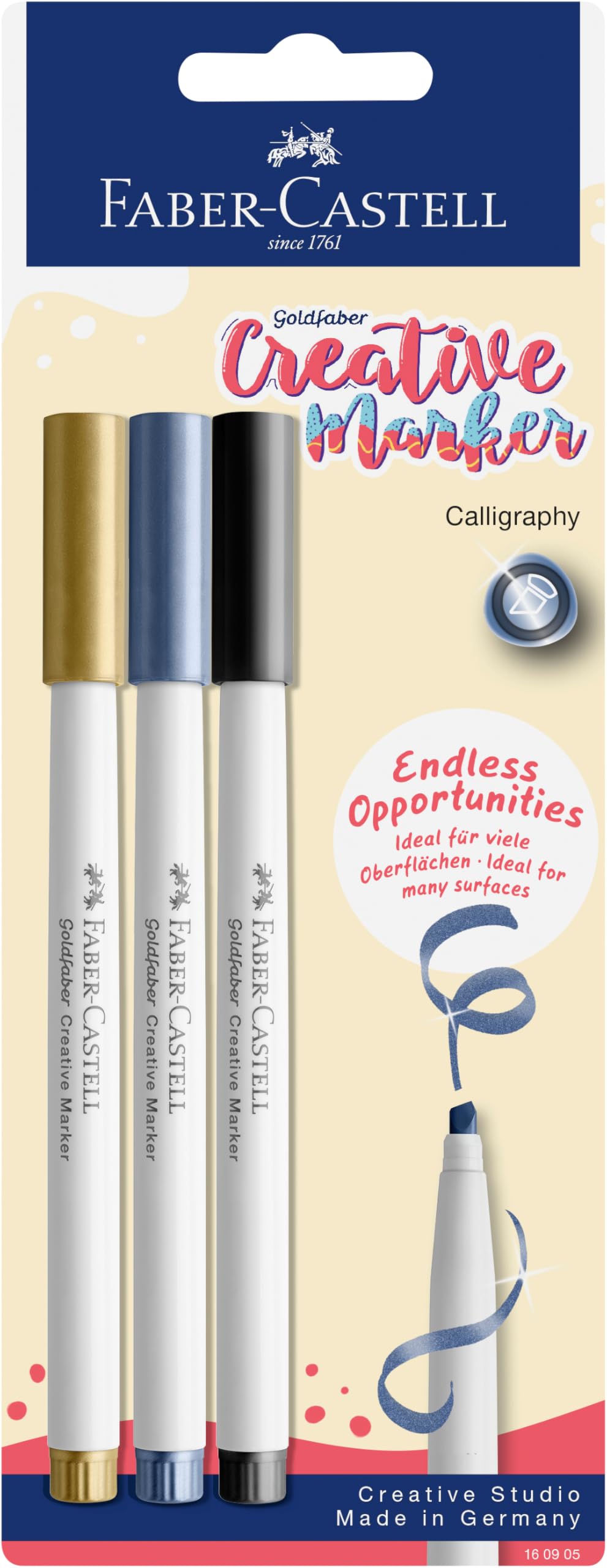 Faber-Castell Goldfaber Creative Marker Blistercard, Calligraphy Tip, Set of 3, Drawing, Creative Lettering, Sketching, DIY, Upcycling, Colouring Marker Pen for Many Creative Art Projects
