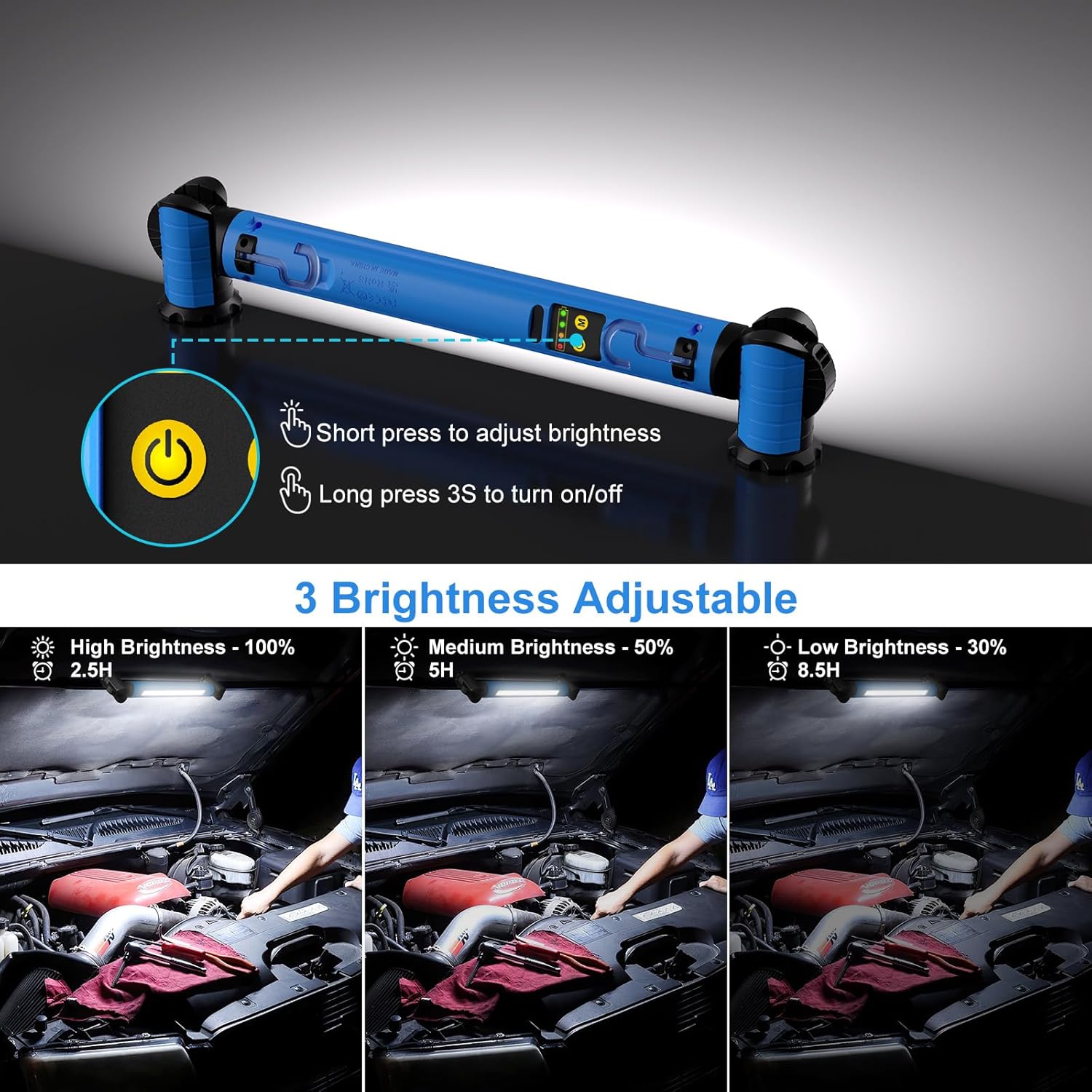 MEIHUA Work Light for Mechanic, 3000LM Bright LED Work Lights, 5000mAh Rechargeable Underhood Work Light Bar with Hooks, Magnetic Mechanic Light for Car Repairing/Inspection/Garage/Workshop/Emergency