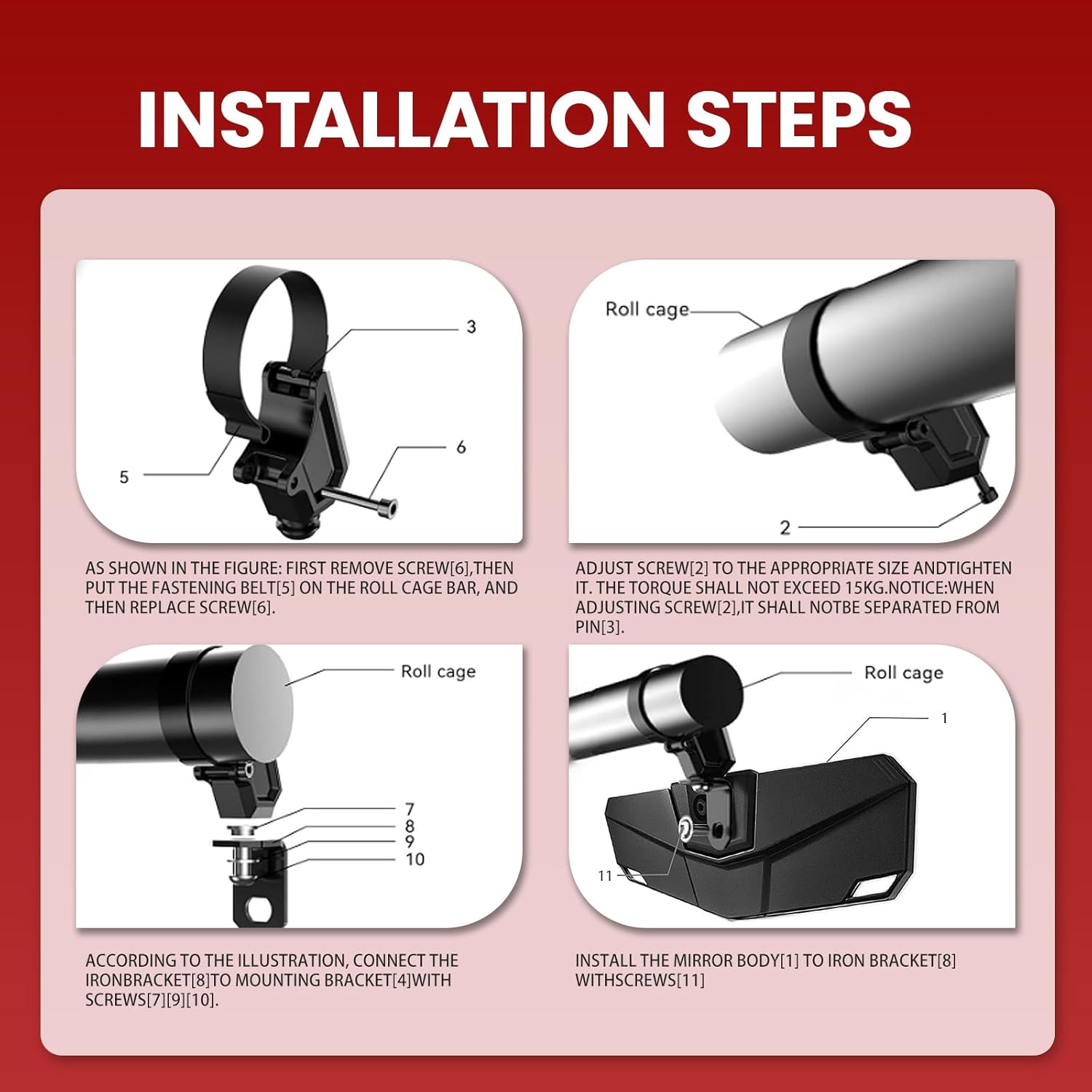 UTV Rear View Mirror for 1.5"-2.0" Round Roll Cage, 360° Adjustable SXS Mirror, Compatible with Polaris RZR, Can Am X3, Pioneer, Kawasaki Mule, Yamaha YXZ, CFMOTO