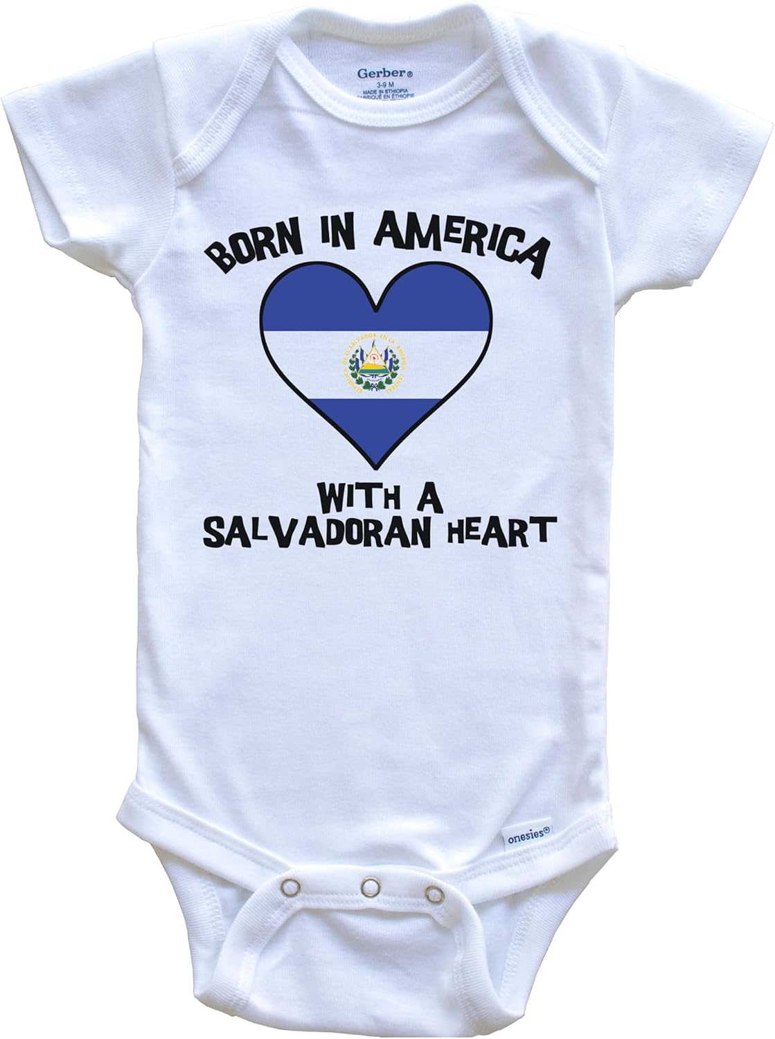 Born in America with A Salvadoran Heart One Piece Baby Bodysuit El Salvador Flag Baby Bodysuit