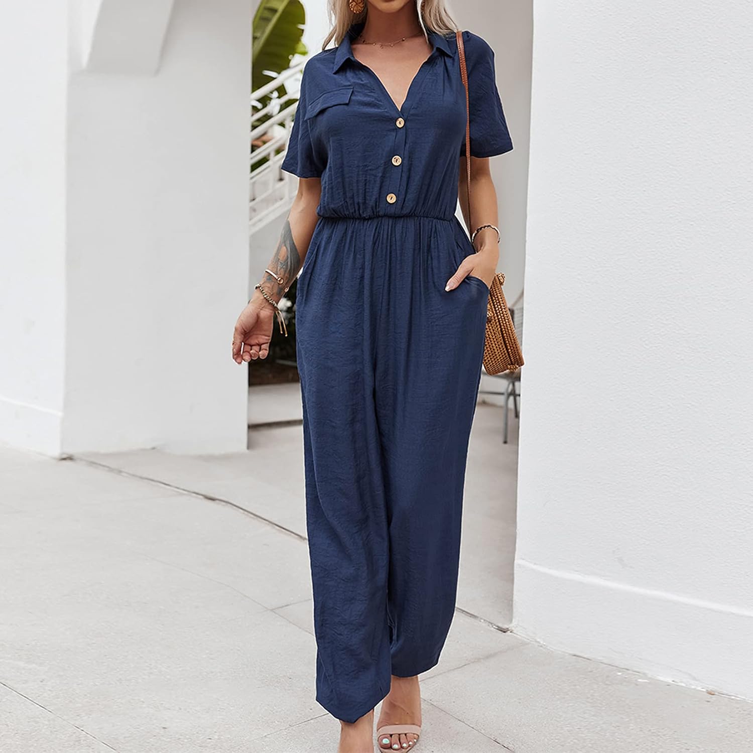 Lu's Chic Women's Short Sleeve Jumpsuit V Neck Summer Rompers Loose Fit Solid Long Pants Jumpers with Pockets Button Front Jogger Viscose Navy X-Large