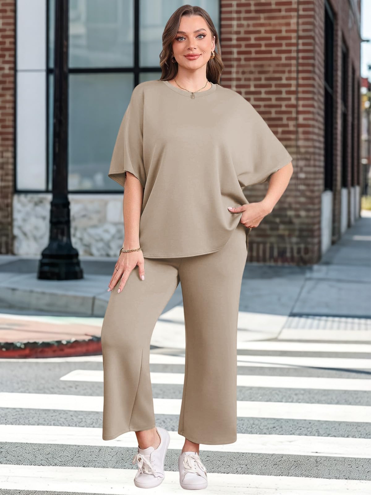Rayson Survetement Femme D'été Casual Crew Neck Tops Ensemble Deux Pièces Femme Chic et Elegant avec Poches