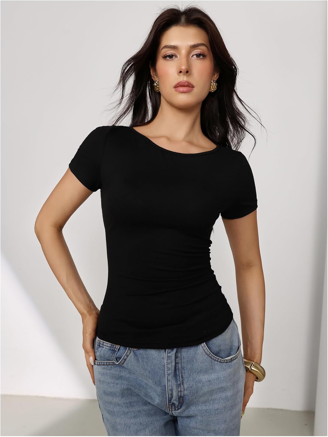 Verdusa Women's Lace Sheer Cut Out T Shirts Backless Summer Ruched Slim Fit Going Out Tops - Image 7