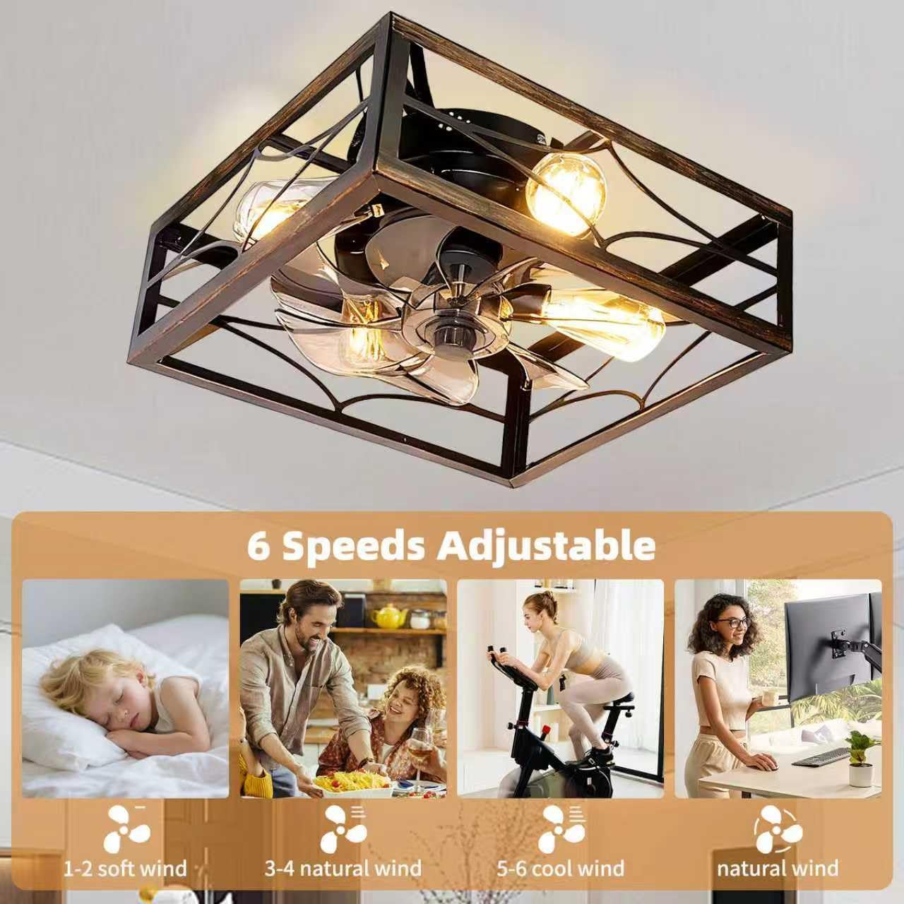 20‘’ Caged Ceiling Fan with Light and Remote Rustic Large Square Flush Mount Ceiling Fan Farmhouse Bladeless Ceiling Fan for Bedroom, Kitchen, Dining Room 6 Speed &Timer, Black