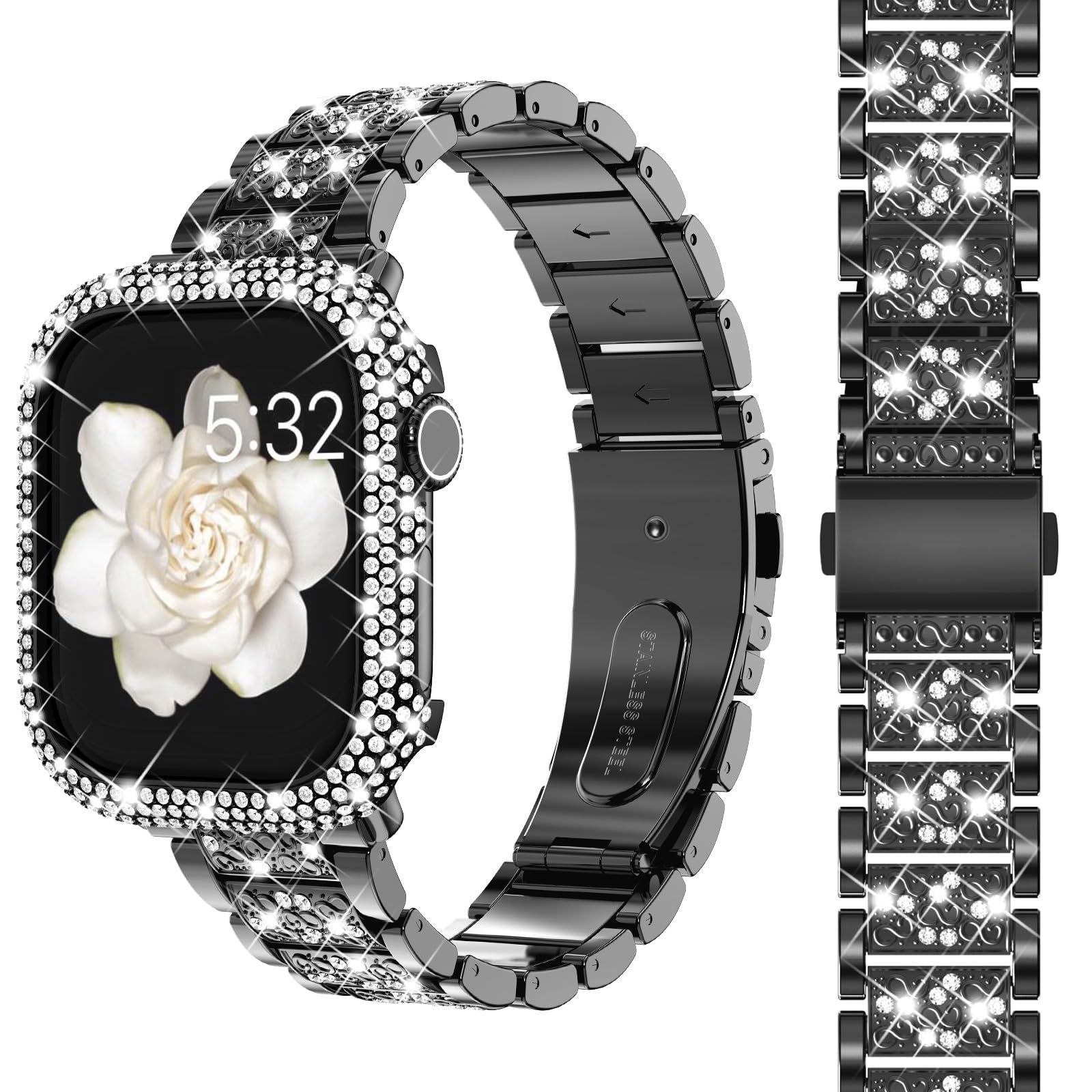 Surace Compatible with Apple Watch Band 40mm 41mm 44mm 45mm 42mm 46mm Women with Full Bling Crystal Metal Case, Jewelry Sparking Luxury Diamond Dressy