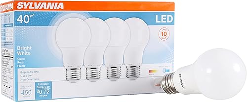 SYLVANIA LED Light Bulb, 40W Equivalent A19, Efficient 6W, Medium Base, Frosted Finish, 450 Lumens, Bright White - 4 Pack (79703)