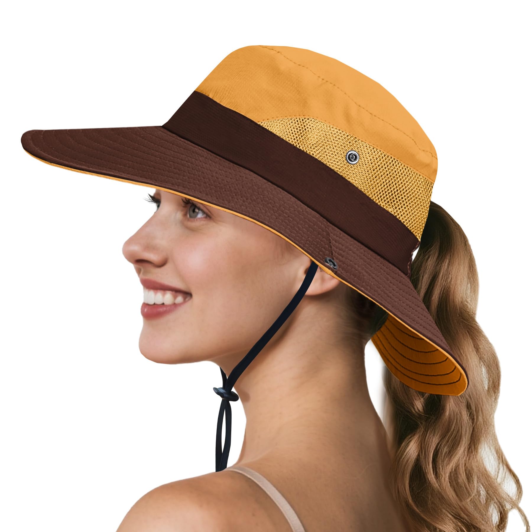 NPQQUAN Sombreros de cola de caballo para mujer UPF 50+ con visera ancha y protección UV, Amarillo/Bronw (agujero para cola de caballo), One Size | Malla transpirable, tamaño ajustable, impermeable y ligero, plegable y plegable para playa, senderismo, jar