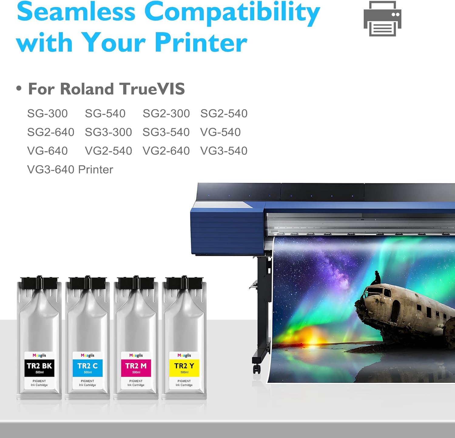 TR2 Ink Cartridges 500ml 4-Pack TrueVIS Ink TR2-BK TR2-CY TR2-MG TR2-YE Replacement for Roland TrueVIS TR2 Ink for SG-300 540 SG2-300 540 640 SG3-300 540 VG-540 640 VG2-540 640 VG3-540 640 Printer