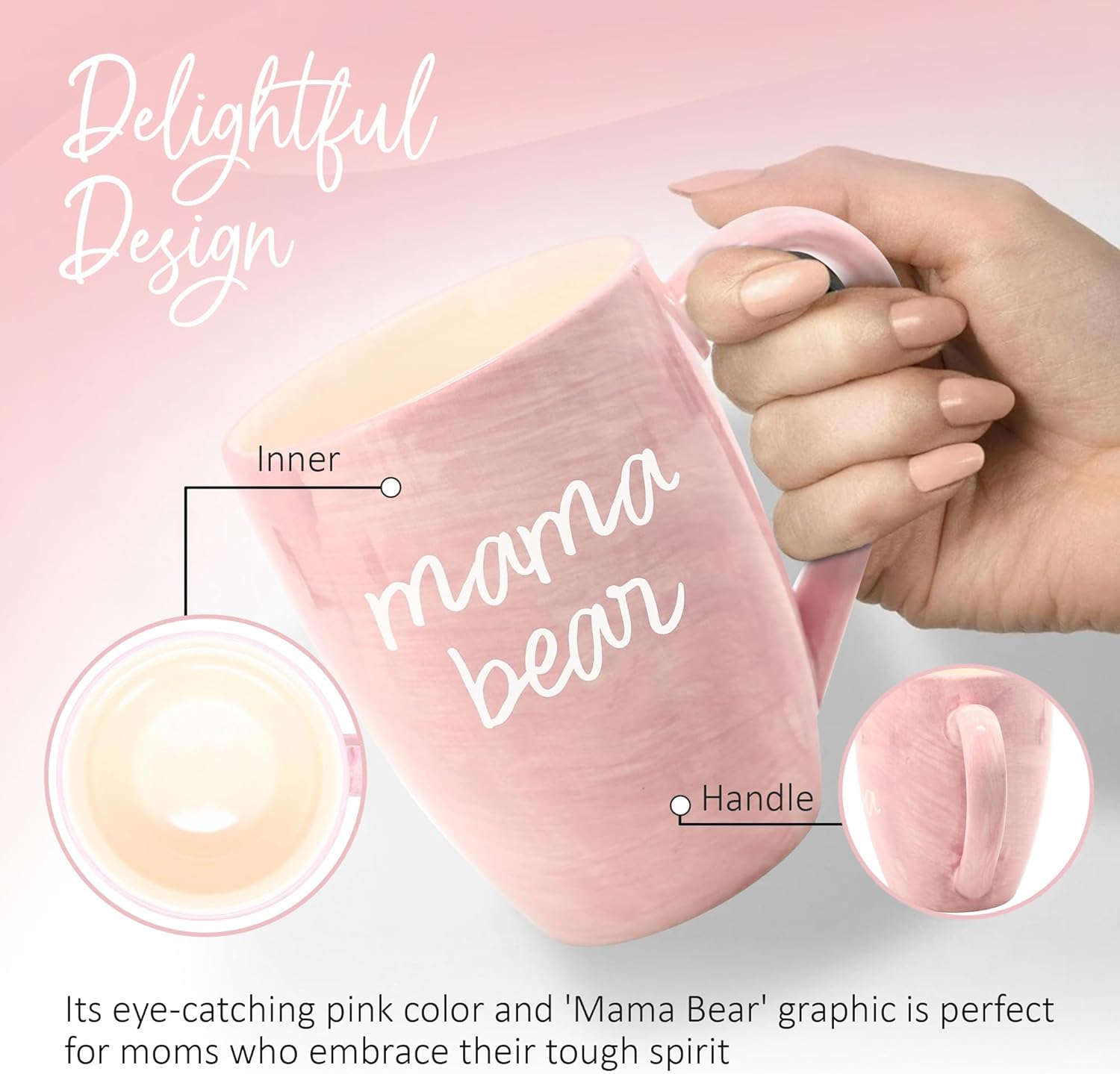 Pavilion Large Ceramic Coffee Mug with "Mama Bear" Text Design, Microwave & Dishwasher Compatible, Tall Coffee or Tea Cups for Moms with Handle, Ideal for Daily Use or Special Occasions - Pink, 20 oz - Image 2