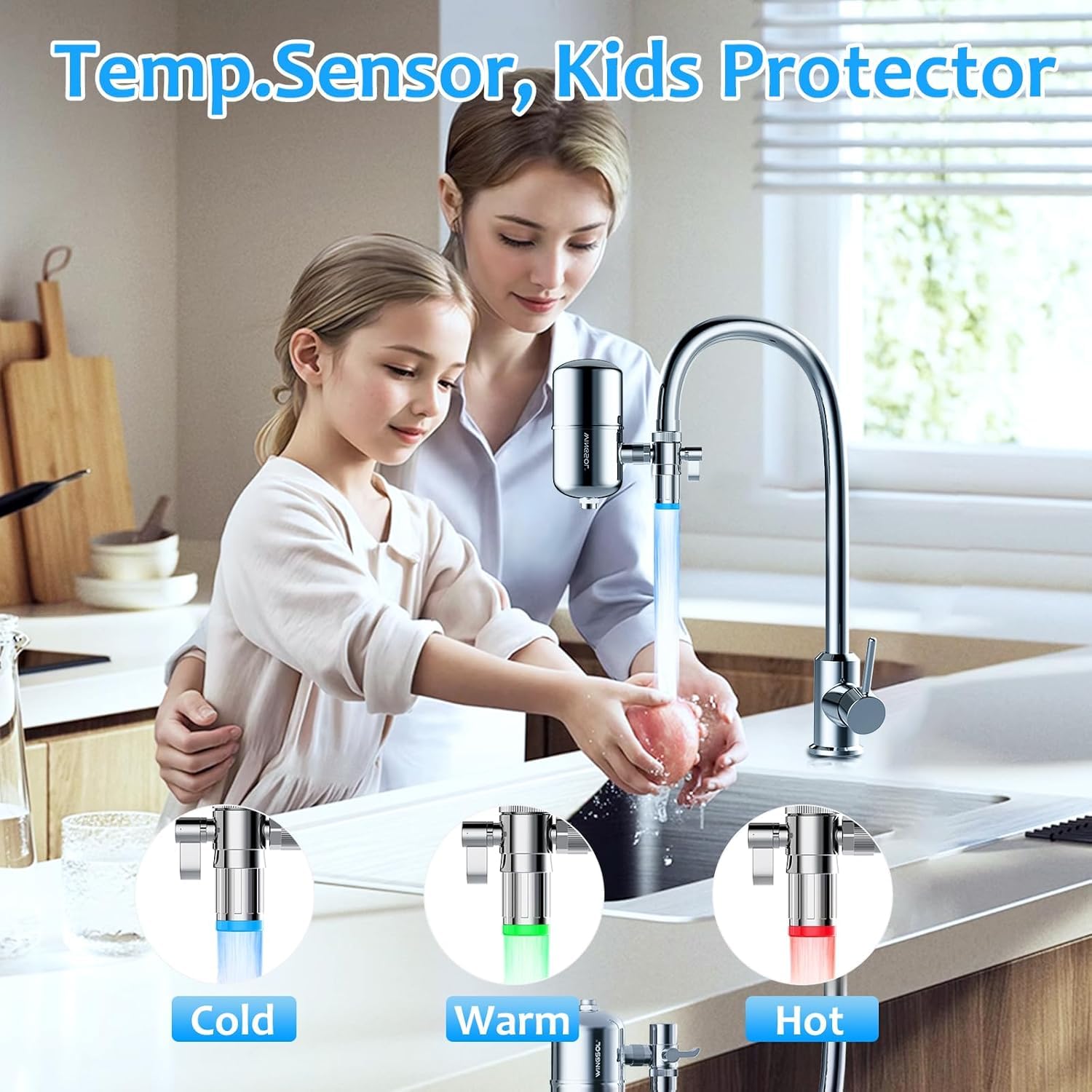 WINGSOL WINGSOL - Filtro de agua de acero inoxidable para grifo de fregadero, NSF/ANSI 42 y 53, sensor de temperatura, luz LED, purificador de grifo giratorio de 360°, reduce PFAS, plomo, cloro y
