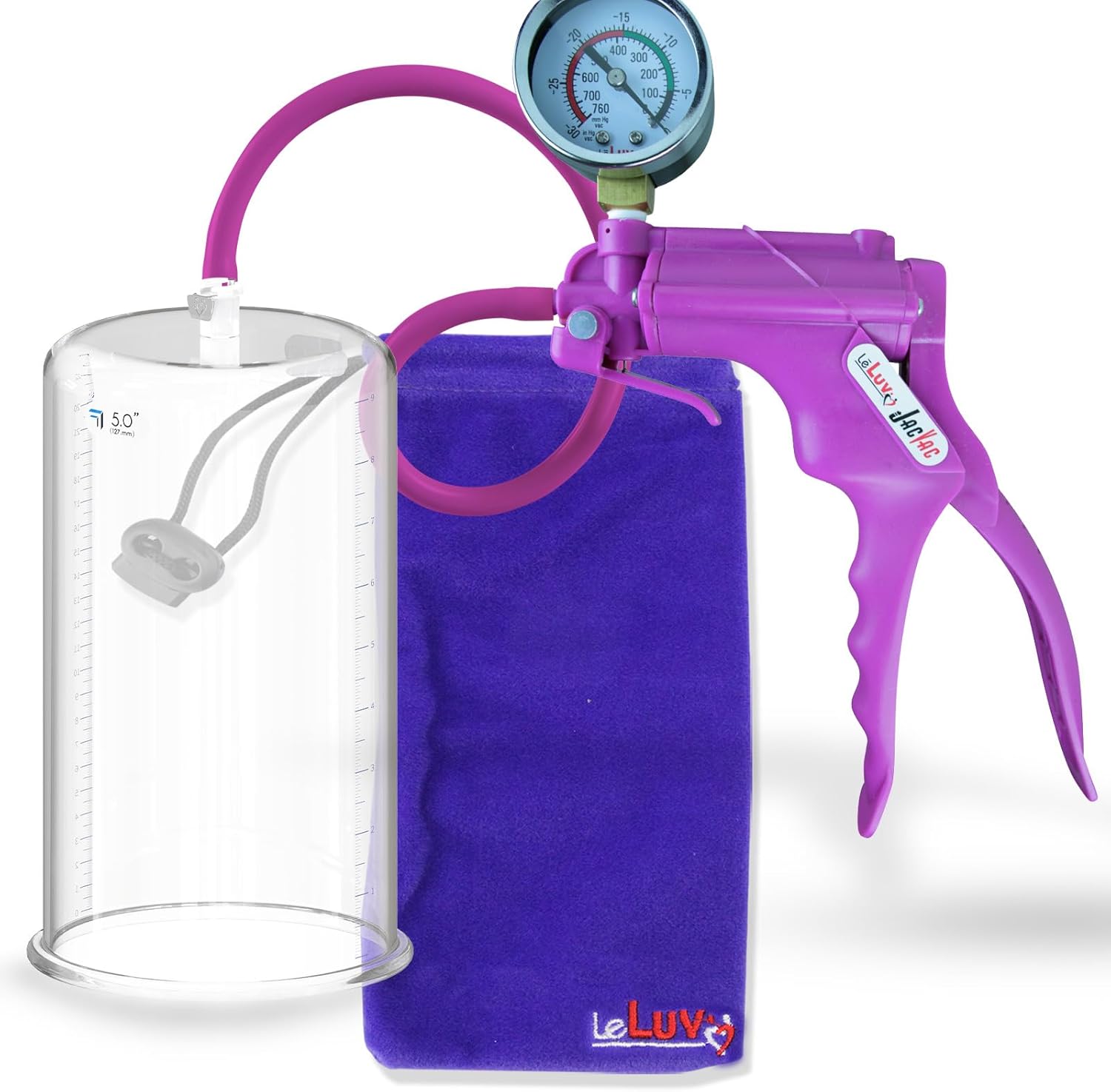 Leluv Jacvac Penis Pump Adult Product - Purple NPT Handle + Gauge, Silicone Hose - 9" x 5.00" Round Flange Cylinder