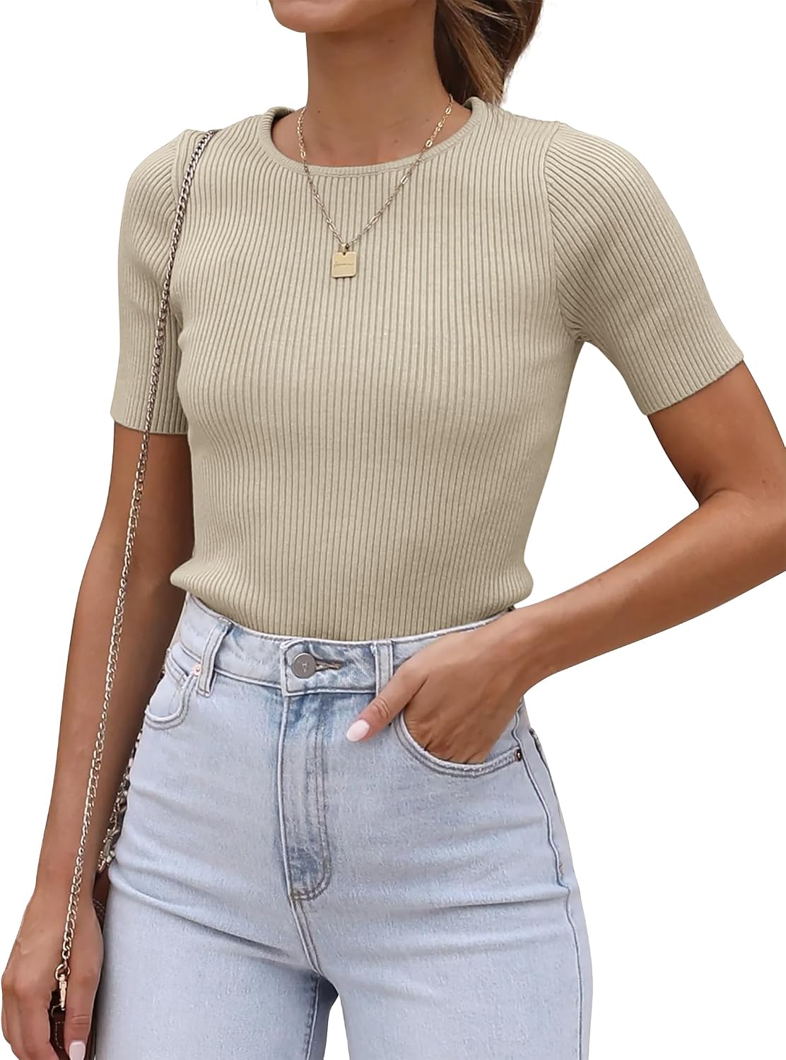 ATHMILE Womens Ribbed Knit T Shirt Casual Crewneck Tops Short Sleeve/Long Sleeve Sweaters Slim Fit Basic Tees