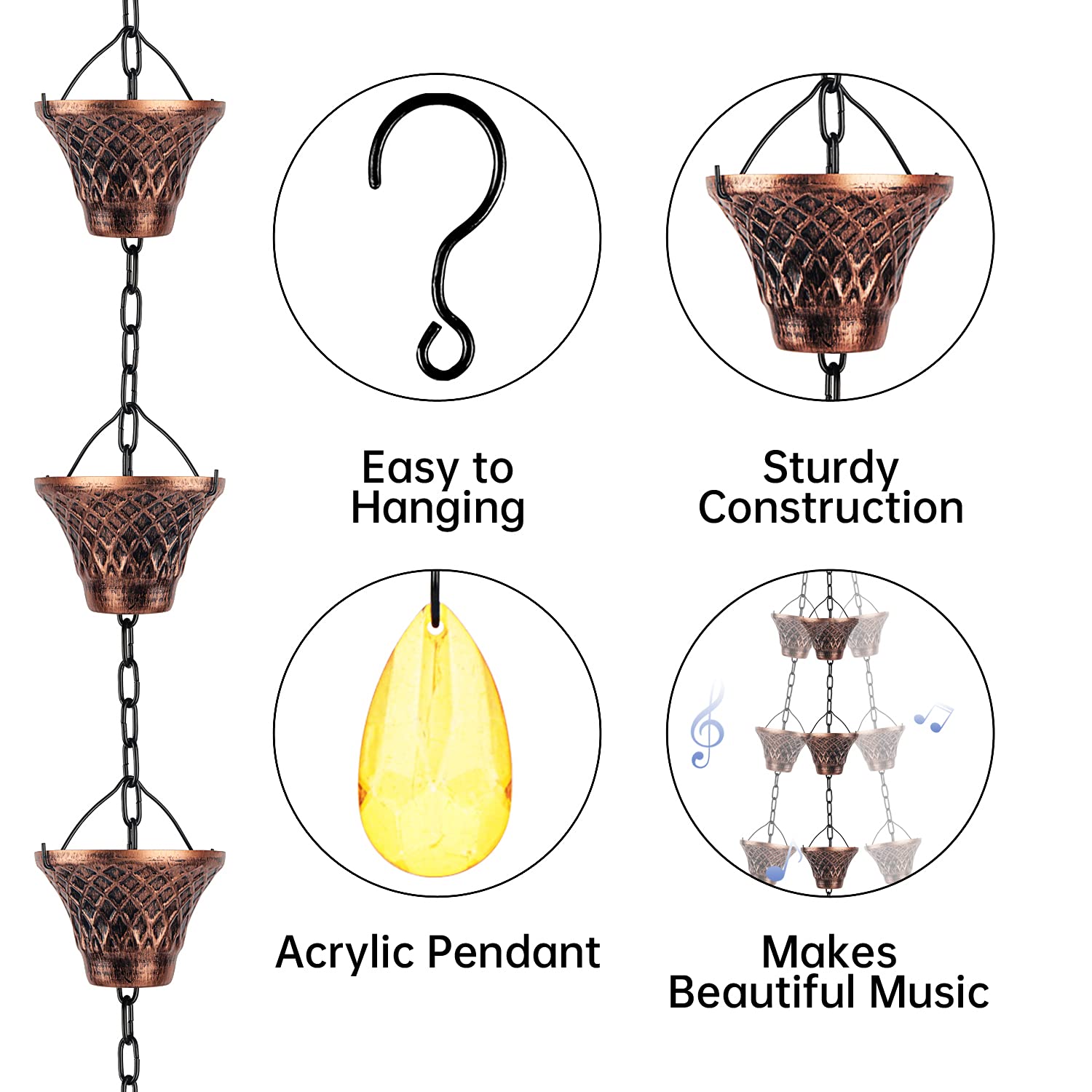 Chaînes de Pluie en cuivre pour gouttières de Descente d'eau de Pluie - Décoration de Jardin - Décoration d'intérieur - 2,5 m de Long