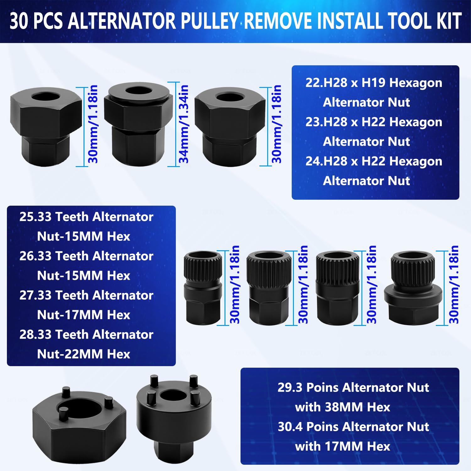 ZKTOOL 30 piezas Juego de Herramientas de Extracción de Polea de Ranura de Alternador Automotriz, Juego de Brocas de Tope Trasero para Alternador, Extractor de Volante, Herramienta de Polea