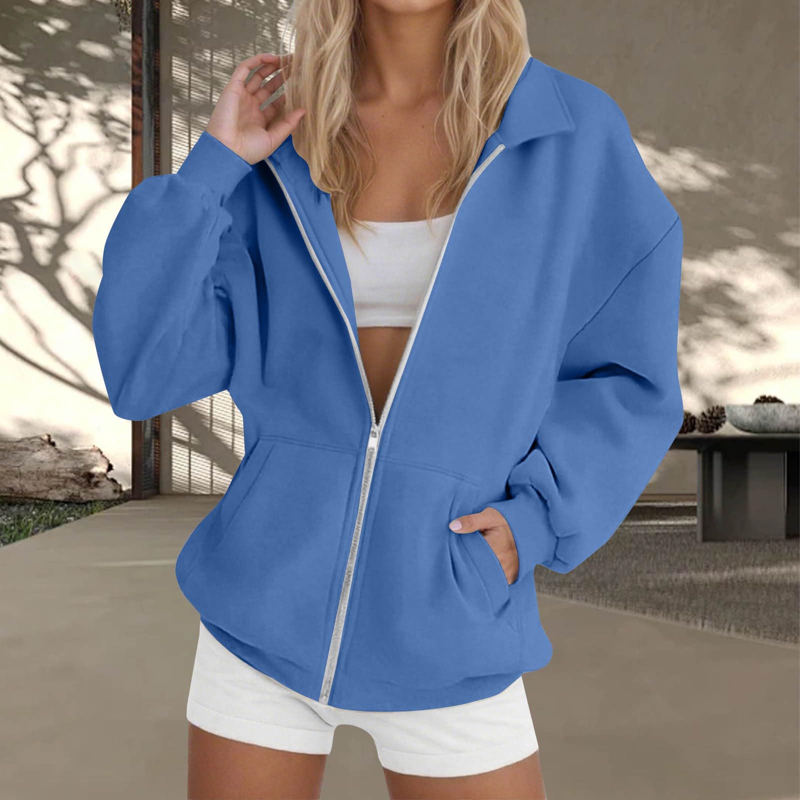Generisch Felpa basic da donna, taglie S-3XL, per autunno e inverno, con colletto a risvolto, sportiva, con tasche, con cerniera, tinta unita