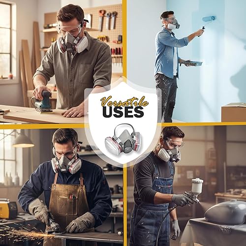 Miniatura 6 de Máscara respiradora para pintura en aerosol, carpintería, soldadura, polvo y seguridad general con gafas transparentes, 10 filtros de repuesto,