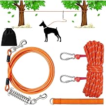 Dog Runner Trolley Cable 75FT Heavy Duty Zipline for Yard & Camping with 10Ft Tie-Out & Shock Spring - Up to 200LBS