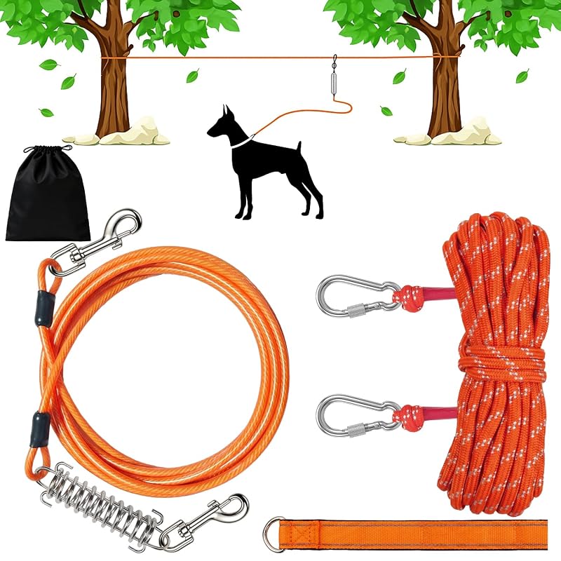 Guia trolley para cães com cabo refletivo de poliéster J-TECH DYNAMICS, Orange, 30,48 m