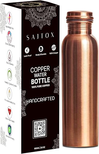 Botella de agua de cobre puro  32 oz  Botella de cobre hecha a mano india para agua potable en viajes, senderismo, gimnasio, oficina, al aire libre