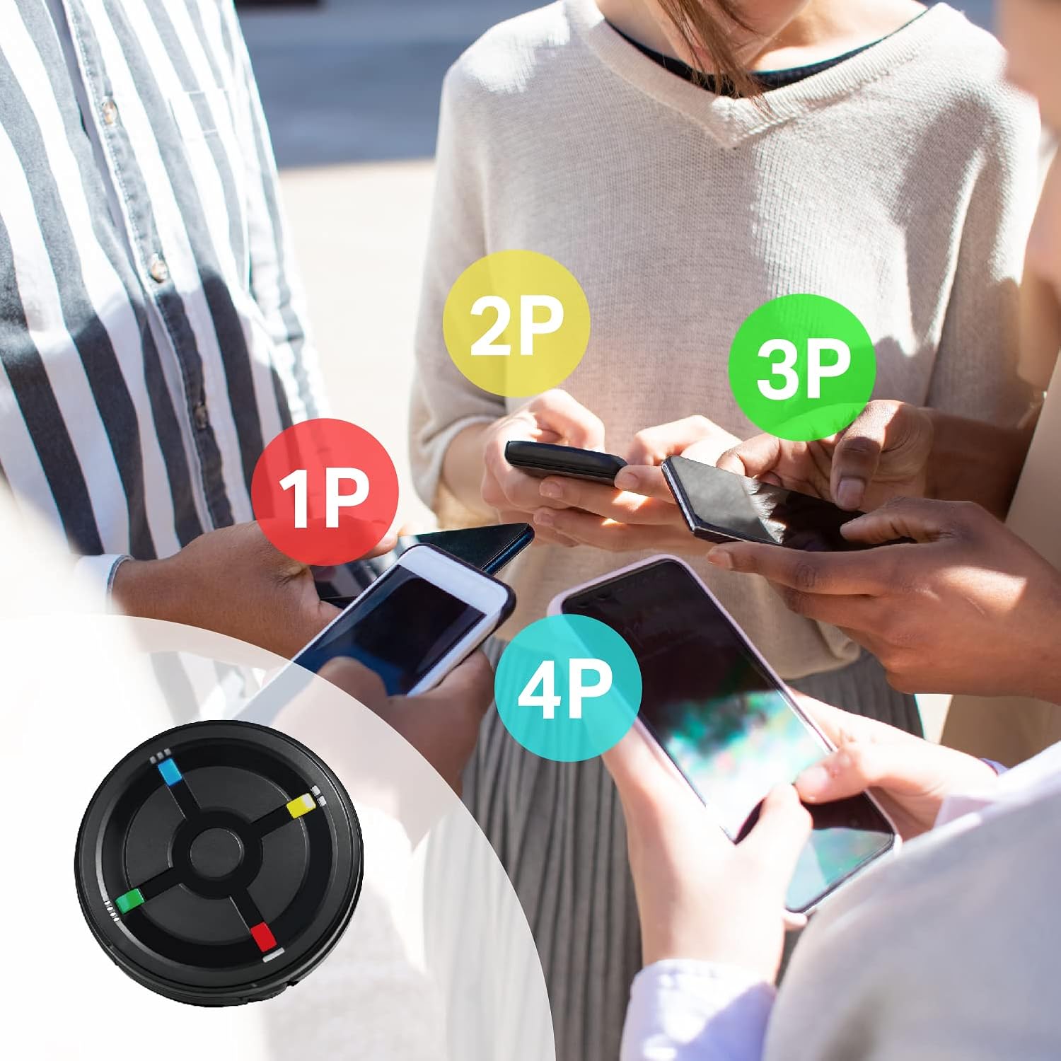 Four individuals holding smartphones, with colored circles (1P red, 2P yellow, 3P green, 4P blue) indicating multi-account connectivity, and a small image of the CatchMon X in the corner.