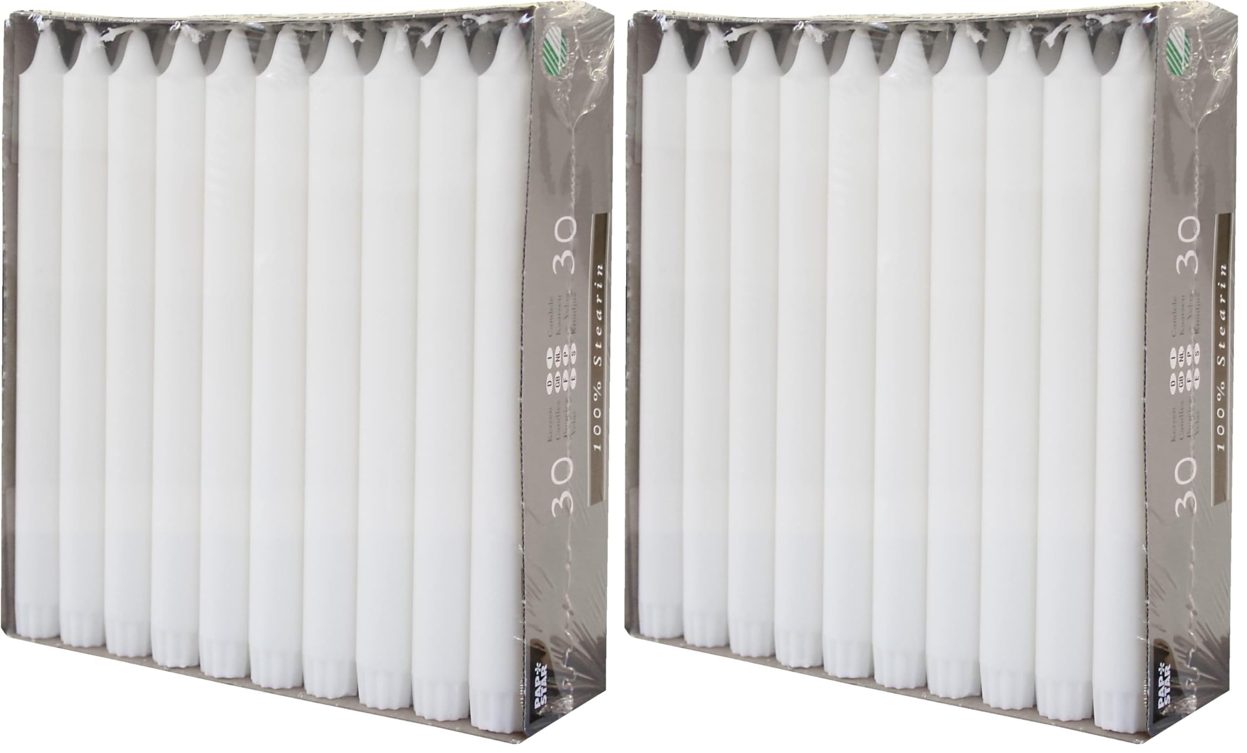 30 Kronkerzen, Ø 2,2 cm, 24 cm, weiss, aus 100% Stearin, Papstar 86416, Weiß (Packung mit 2)