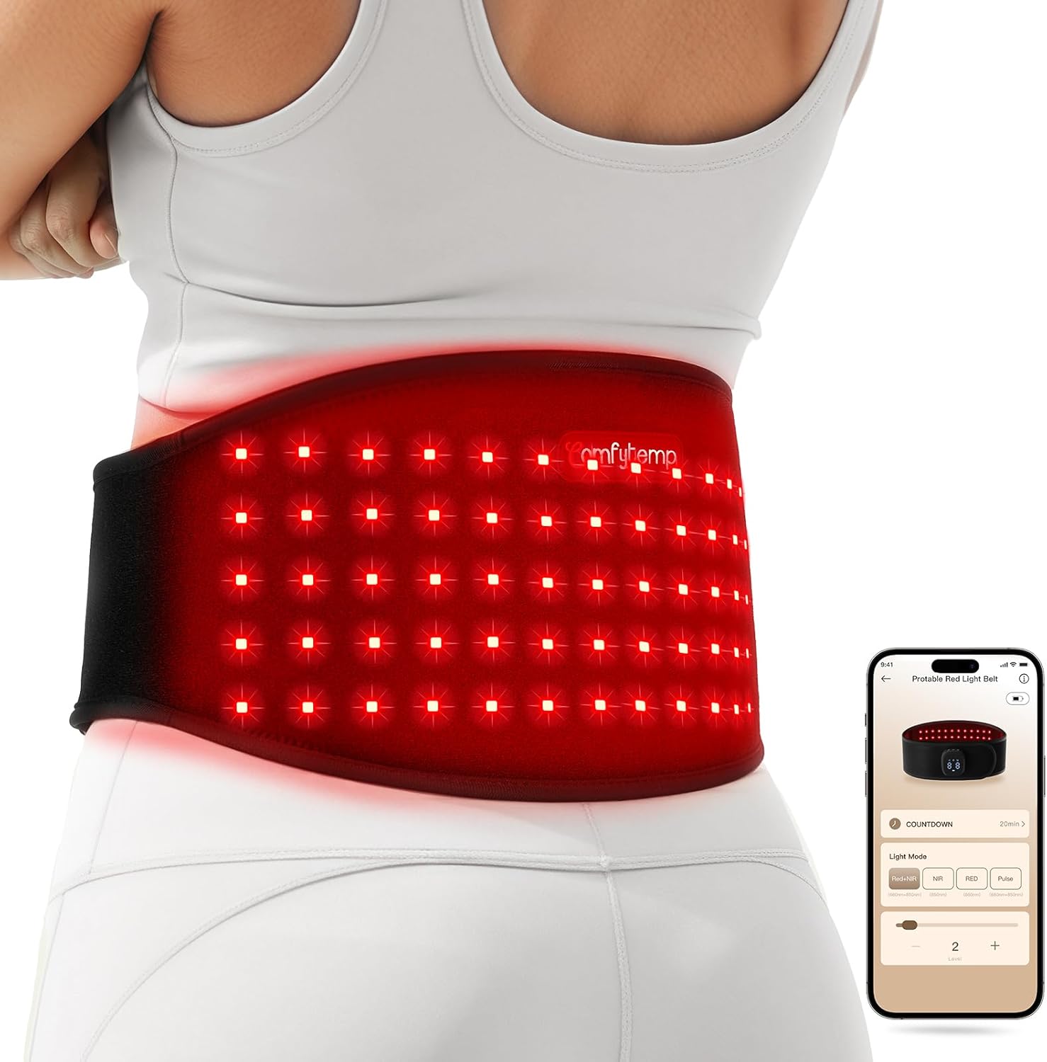 Comfytemp 5000mAh Portable Red Light Therapy Belt for Body, Wearable Near Infrared Light Therapy Wrap, 13W FSA Eligible HSA Light Wrap for Waist Belly Lower Back Joint Muscle, 50”x7”