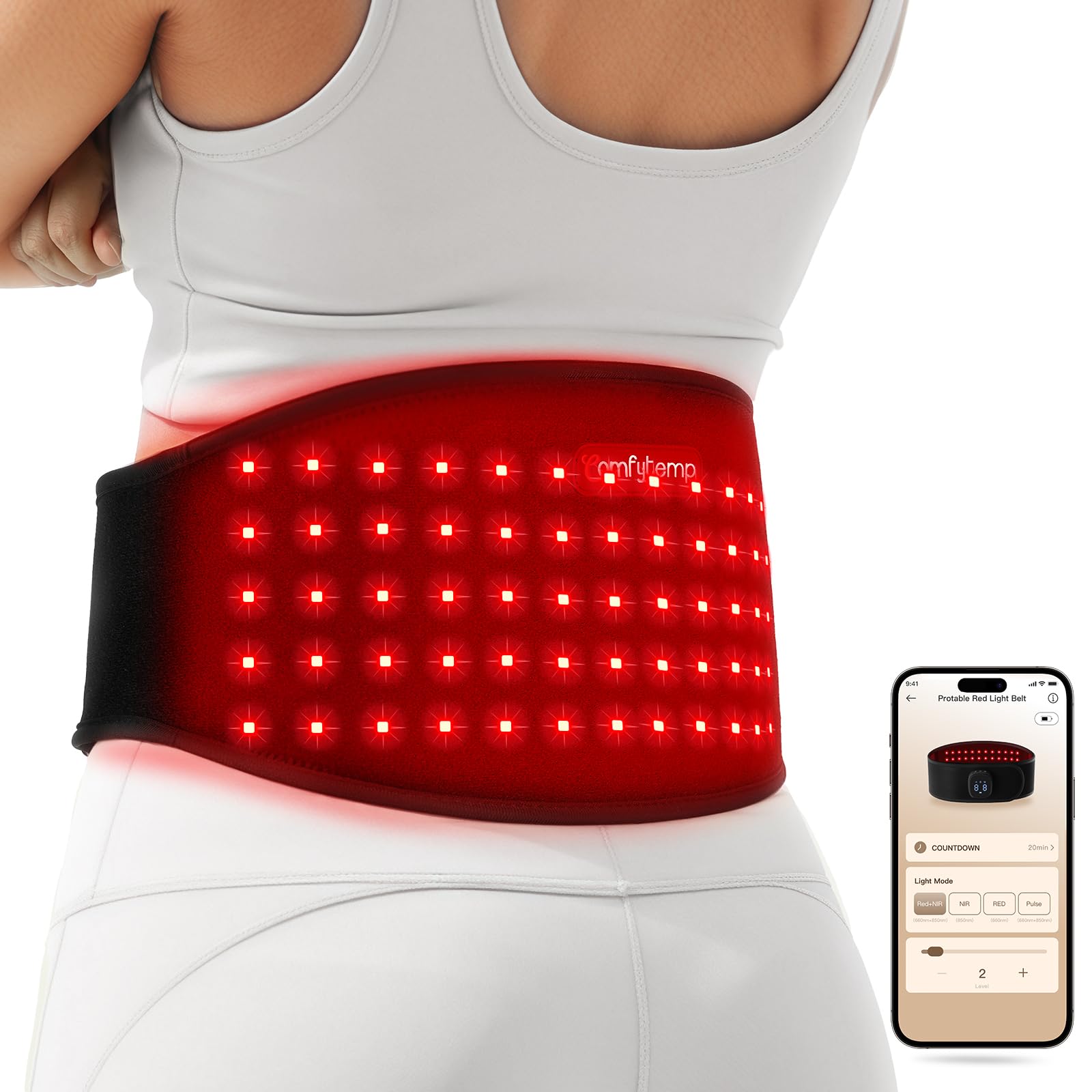 Comfytemp 5000mAh Portable Red Light Therapy Belt for Body, Wearable Near Infrared Light Therapy Wrap, 13W FSA Eligible HSA Light Wrap for Waist Belly Lower Back Joint Muscle Pain Relief, 50''x7''