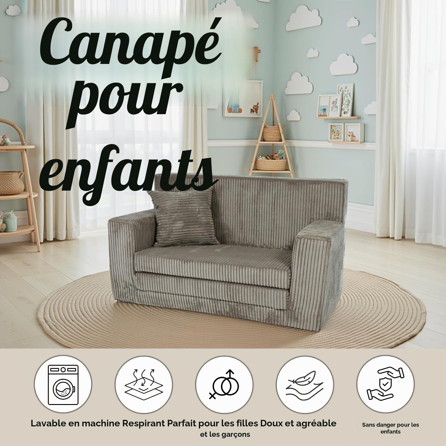 FORTISLINE Canapé pour enfant, dépliable, en velours côtelé, 83 x 47 x 43 cm, avec surface de couchage de 112 cm, canapé pour chambre d'enfant, avec coussin, housse amovible et lavable, certifié