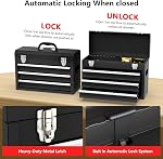 3 Drawer Metal Tool Box, Portable Metal Tool Box with EVC Liners and Latches Closure, Heavy Duty Steel Tool Chest with Ball Bearing Opening and Powder Coated Finish, Black