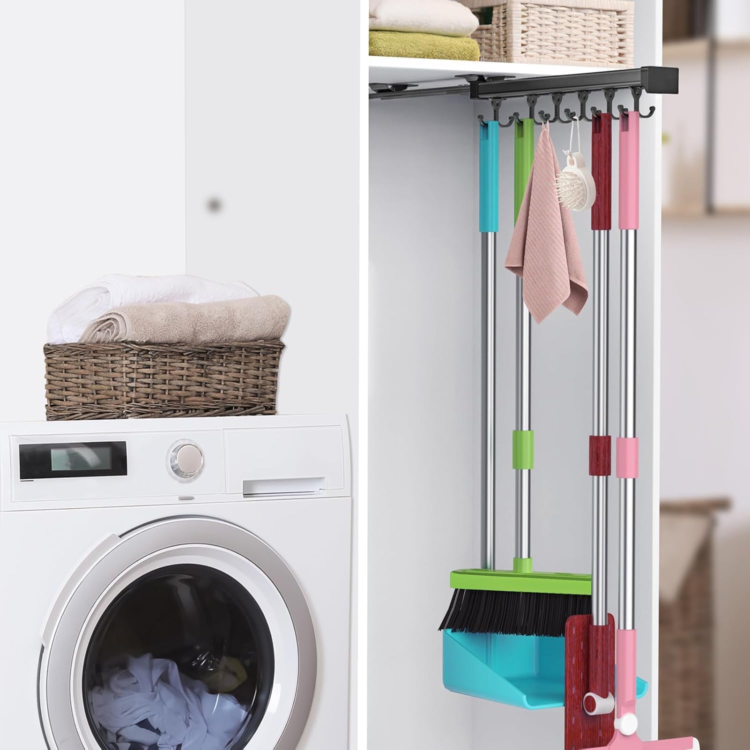 Pull Out Broom Holder With Adjustable Double Row Sliding Hook-Grey 14.2IN