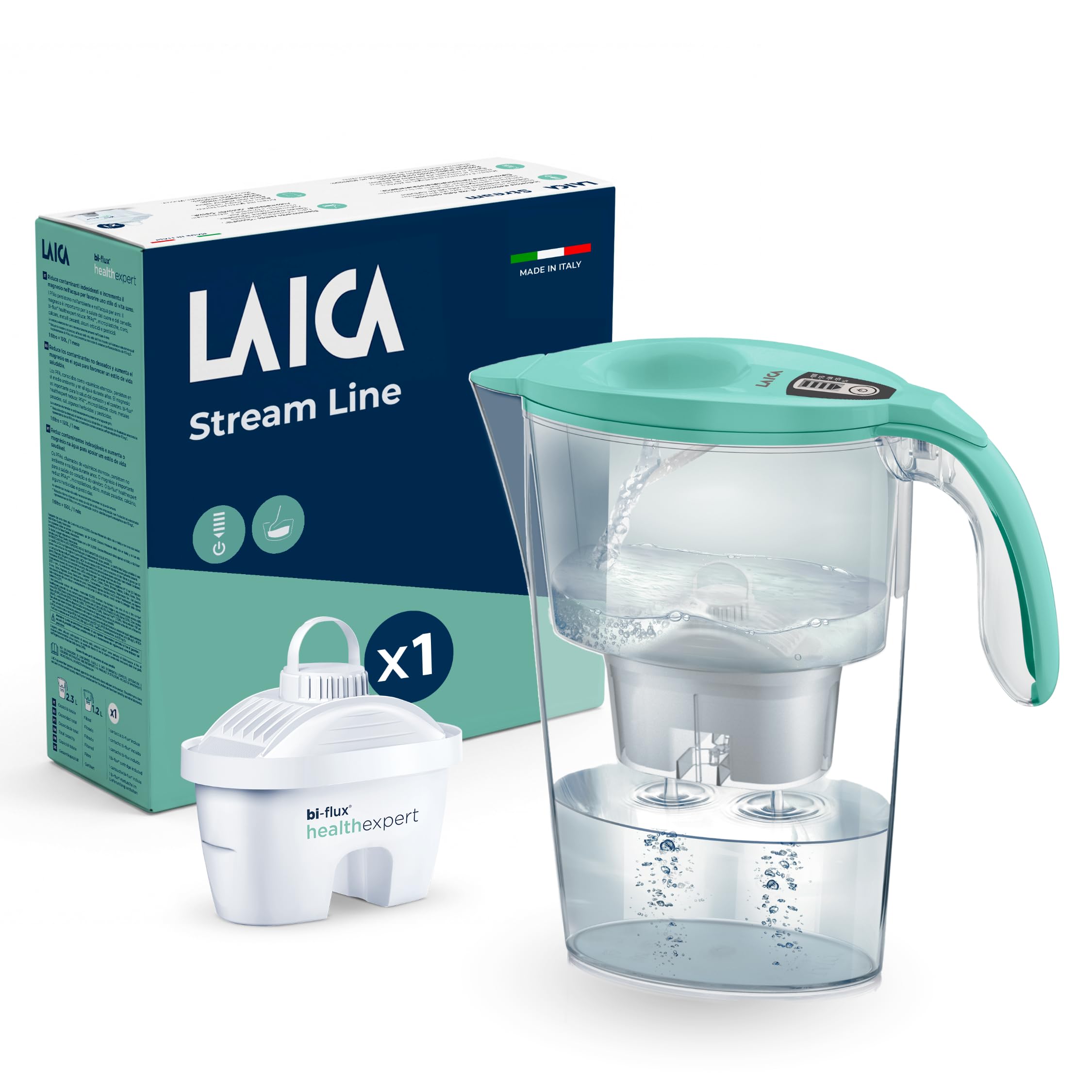 LAICA Stream Line bi-flux healthexpert Caraffa Filtrante - 2,3L Verde Acqua | 1 filtro incluso, riduce PFAS fino al 92%*, aggiunge magnesio, timer digitale e coperchio Quickfill, Made in Italy