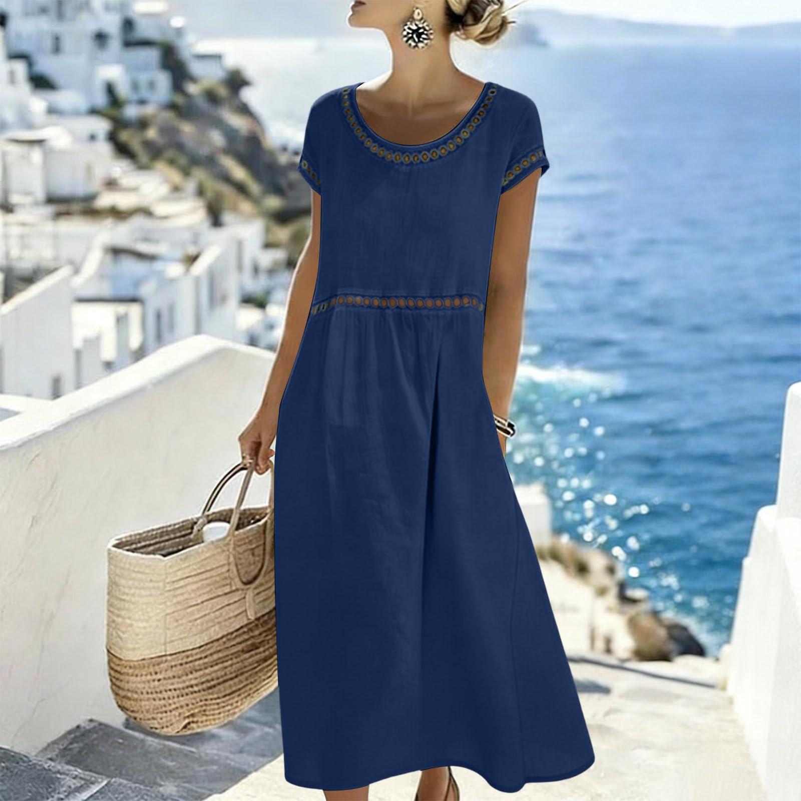 Générique Robe Femme Chic D'Été en Lin Coton Robe Ajourée Respirant Manches Courtes Col Rond Robes Tunique Decontractée Casual Dress Droite Robes de Soiree Plage Confort Léger Dress