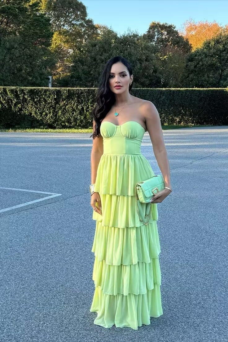 Women's Long Tiered Strapless Prom Dress for Teens Champagne Ruffles Corset Bodice Pleated Chiffon Bridesmaid Dresses with Slit Plus Size 22W