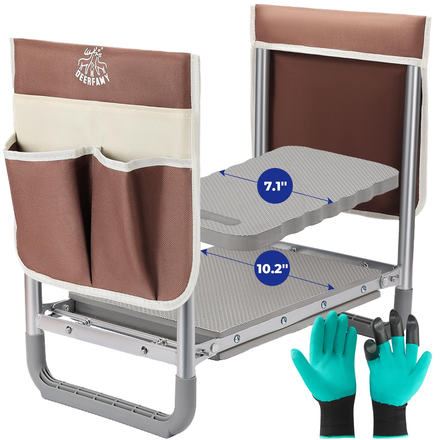 DEERFAMY Tabouret de Jardinage Avec Coussin Moelleux, Banc Pliant pour Protection des Genoux, Agenouilloir Jusqu'à 150 kg, 2 Sacs à Outillage, Gants de Creusement