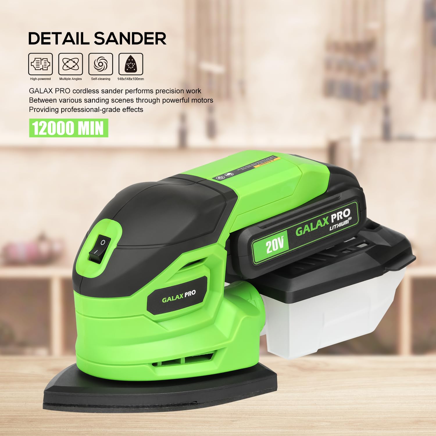 GALAX PRO Cordless Sander,2.0A Battery,12000 RPM Powerful Speed Detail Sanders with 20Pcs Sandpapers, Electric Mouse Sander for Tight Spaces Sanding in Home Decoration with Dust Box