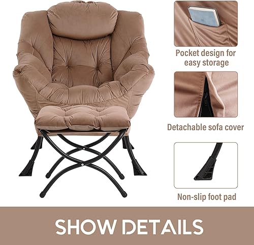 Miniatura 5 de LITA - Silla perezosa con otomana, moderna silla de descanso tapizada de ocio, sillas de lectura contemporáneas con reposabrazos y bolsillo lateral